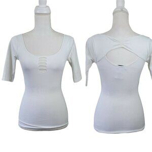 Vintage WOMEN'S Bebe Top White Spandex 1/2 Sleeve Sm Y2K Slim Fitting Feminine